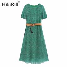 HiloRill Printed Chiffon Dress With Belt Women O Neck Lantern Short Sleeve Party Dresses Ladies Vintage Casual Long Dress 2024 - buy cheap