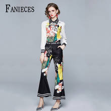 2021 Spring Fashion Runway Pants Suit Sets Women's Long Sleeve Print Tops Blouses Shirt And Flare Pants Lady Two Pieces Set 2PCS 2024 - buy cheap