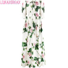 LUKAXSIKAX 2020 New Women Summer Dress High Quality Runway Rose Flowers Print Sexy Off Shoulder Beach Vacation Dress 2024 - buy cheap