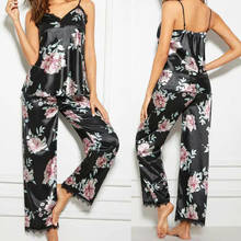 Conjunto de pijamas con estampado Floral para mujer, ropa de dormir con cuello en V, sin mangas, de encaje, color negro 2024 - compra barato