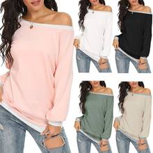 Women Color Block T Shirts Round Neck Sexy Drop Shoulder Tunic Tops 2020 Female Autumn Long Sleeve Casual Loose Pullover Shirt 2024 - buy cheap
