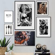Декор для кухни, пицца, кофейные постеры приятного аппетита, принт черно-белой женщины, Настенная Картина на холсте для столовой, дома 2024 - купить недорого
