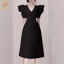 Smthma nova moda temperamento sexy com decote em v vestido preto high-end design de luxo elegante vestidos de senhoras 2024 - compre barato