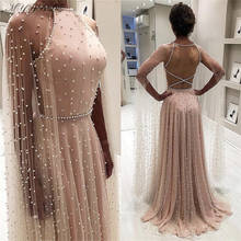 MYYBLE Fashion  Pearls Champagne A-line Evening Gowns With Long Cloak Sleeves Sexy Backless Long Prom Gowns 2020 Formal Clothing 2024 - buy cheap