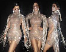 Прозрачное Серебряное платье стразы Сетчатое прозрачное цельное платье с кристаллами бахромой костюм для празднования дня рождения 2024 - купить недорого