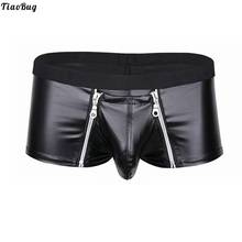 Tiaobug cuecas masculinas de couro falso, preta, com zíper, bolsa para embutir, sexy, gay, roupa íntima, calça de banho 2024 - compre barato