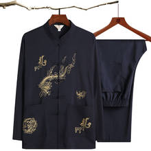 Terno tang de manga comprida masculino, roupa hanfu estilo chinês padrão dragão com bolsos kung fu 2024 - compre barato