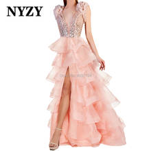 Sexy alta fenda organza babados cristal vestidos de baile 2020 nyzy p103b alta baixa rosa vestido formal festa noite robe de soiree 2024 - compre barato