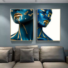 Moderno nu mulher azul dourado retrato pintura da lona cartazes e cópias escandinavo arte da parede imagem para sala de estar decoração 2024 - compre barato