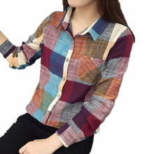 Nova primavera outono blusas de algodão senhora casual manga longa turn-down colarinho camisa feminina vermelho azul xadrez blusas topos df3329 2024 - compre barato