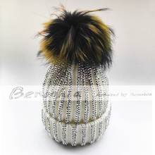 Inverno feminino cristal strass chapéus quentes beanies destacável arco-íris pele real pom malha skullies bonés 2024 - compre barato