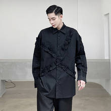 Men Flower Side Splice Casual Long Sleeve Shirt Male Japan Streetwear Vintage Fashion Black White Shirt Stage Clothing 2024 - купить недорого