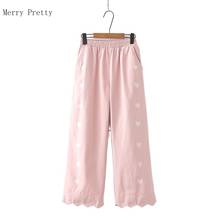 Pink Heart Print Hight Waist Casual Straight Pants Women Trousers 2021 Spring Elastic Waist Korean Ladies Basic Pockets Bottom 2024 - buy cheap