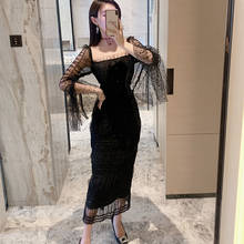 Vestido vintage feminino de bolinhas com gola quadrada, vestido elegante e preto, primavera 2021 2024 - compre barato