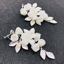 1 Pair Silver Leaf Women Fashion Plant Earrings Ceramic Flower Handmade Jewelry Bridal Pearl Decoration Ornament Ear Clip 2024 - compre barato