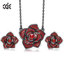 CDE Elegant Fashion Micro Pave AAA Red Austrian Crystal Rose Flower Necklace Earrings Floral Jewellery for Women Set 2024 - buy cheap