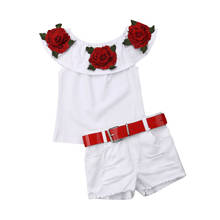 2PCS Criança Meninas Floral Fora Do Ombro Ruffled Top + Denim Ripped Shorts Outfits 2024 - compre barato