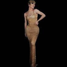 Sexy Bling Gold Sequined Sleeveless Summer Long Tail Dress Women Evening Birthday Prom Party Dress Singer Performance Costume 2024 - buy cheap