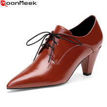 MoonMeek 2021 New Arrival Women Pumps Genuine Leather Pumps Thick High Heels Pointed Toe Office Dress Shoes Red Brown 2024 - buy cheap