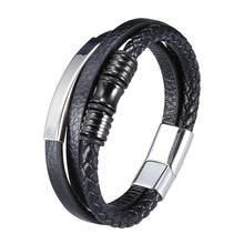 Fashion Stainless Steel Charm Black Multilayer Leather Braided Bracelet Men Magnet Clasp Bangles Jewelry Punk Accessories SP0999 2024 - buy cheap