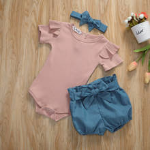2020 roupas infantis de verão para meninas, macacão com manga curta + shorts + bandana 2024 - compre barato