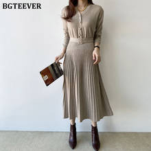 BGTEEVER Chic V-neck Women Knit Dress Front Buttons Sash Full Sleeve A-line Dress Winter Long Sweater Dress Vestidos Mujer 2019 2024 - buy cheap