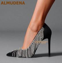 ALMUDENA Bling Bling Crystal Fringe Wedding Shoes Black Suede Silver Rhinestone Embellished Tassel High Heel Pumps Pointed Toe 2024 - buy cheap