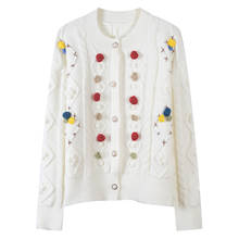 Cárdigan de punto blanco con diseño de diamantes de Navidad, suéter de manga larga con cuello redondo, de una sola botonadura, flor 3D, abrigo de lujo, ropa Vintage 2024 - compra barato