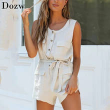 Summer Casual Beige Color Jumpsuit Women Cotton And Linen Office Jump Suit O Neck Sleeveless Jumpsuits With Belt 2024 - buy cheap