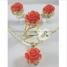 12mm rosa coral esculpido flor brincos conjunto de pingente colar com anel 2024 - compre barato