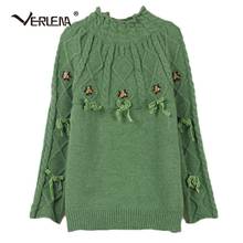 Verlena, Винтажный Зеленый Плетеный свитер с высоким воротом, женский свитер с воротником-стойкой, реглан, длинный рукав, бант, Осень-зима, джемпер, пуловеры 2020 2024 - купить недорого
