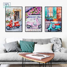 Pintura en lienzo de estilo nórdico para decoración del hogar, cuadro de motocicleta rosa de dibujos animados, paisaje abstracto, arte de pared, carteles e impresiones 2024 - compra barato