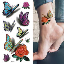 Новые 3D татуировки-бабочки, наклейки, розы, цветы для девочек, женский боди-арт, Переводные временные искусственные татуировки на запястье 2024 - купить недорого