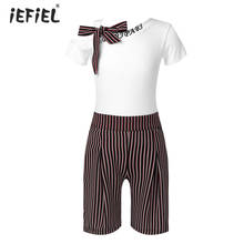 Conjunto de ropa para niños y niñas, camiseta de manga corta de un hombro, Tops + Pantalones cortos a rayas, trajes de 2 uds. 2024 - compra barato