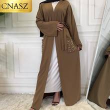 Novo abaya kimono médio oriente muçulmano muçulmano abaya turquia moderno elegante moda com bolsos de pérola dubai estilo morocan 2024 - compre barato