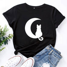 Футболка женская хлопковая с круглым вырезом, модная индивидуальная рубашка с принтом Луны, кота и фона, с коротким рукавом в стиле Харадзюку 2024 - купить недорого