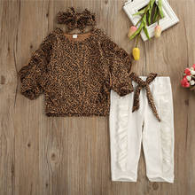 Roupas para bebês meninas pulôver estampa de leopardo manga comprida gola redonda calças de bandagem com babado laço 3 pçs roupas de crianças 2024 - compre barato