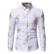 De lujo de oro estampado metalizado camisa de los hombres de Otoño de 2022 blanco nuevo Rosa Floral camisa Hombre Camisas de vestir casuales Nightlcub de Camisas 2024 - compra barato