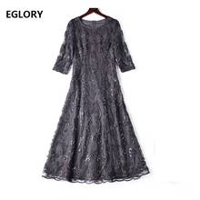 Top Quality New 1950s Style Dress Plus Size Clothing Women O-Neck Allover Luxurious Embroidery Mid-Calf Blue Grey Dress 3xl 4XL 2024 - buy cheap