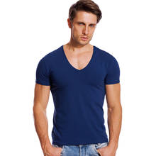 Solid V Neck T Shirt for Men Low Cut Stretch Vee Top Tees Slim Fit Short Sleeve Fashion Male Tshirt Invisible Undershirt Summer 2024 - buy cheap