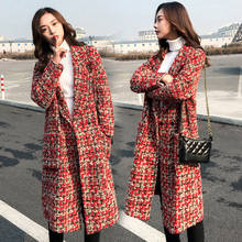Red Check Woolen Coat Women's Mid-Length 2021 Spring And Autumn New Female Thickened Long Tweed Jacket Fashion Windbreaker f1525 2024 - buy cheap