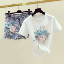 Women Two Piece Set Embroidery 3D Flower Cotton T-shirts + Short Jeans Sets Summer Short Sleeve Tees + Shorts 2 Piece Sets W411 2024 - buy cheap