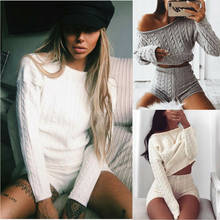 Fashion Women Solid Long Sleeve Cable Knitted Crop Top +Shorts Lounge Wear Suit Ladies Autumn Winter 2pcs Tracksuit Set 2024 - buy cheap