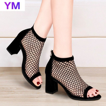 hOT 2021 New Design Open Toe Square Heels Cool Sandals Boots Gladiator for Women Sandals Fashion Back Zipper Ladies Shoes Mesh 2024 - buy cheap