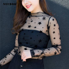 NEEDBO, сексуальный сетчатый топ Харадзюку, женская футболка со звездами, 2020, кружевная футболка, Женская длинная рубашка большого размера, черная, прозрачная, клубная одежда 2024 - купить недорого