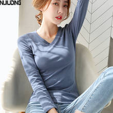 NIJIUIDNG 2020 Autumn Winter New Blue Slim Cotton Long Sleeve T-Shirts Female Casual Solid Spandex V-Neck Comfortable Tops Women 2024 - buy cheap
