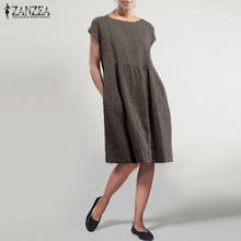 Женское льняное платье ZANZEA, повседневное плиссированное платье с коротким рукавом и круглым вырезом, модель 5XL, лето 2020 2024 - купить недорого