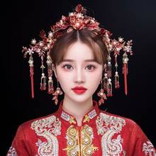 Diadema china antigua roja para novia, tocado de lujo, cuentas de borla, horquilla, pendientes, traje, accesorios para el cabello de boda 2024 - compra barato
