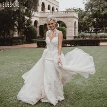 E JUE SHUNG Vintage Mermaid Wedding Dresses High Neck Hollow Back Lace Appliques Detachable Train Wedding Gowns Bride Dresses 2024 - buy cheap