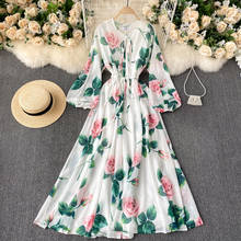 Women's spring autumn runway fashion flower print dress female long sleeve chic travel beach chiffon dress TB1438 2024 - buy cheap